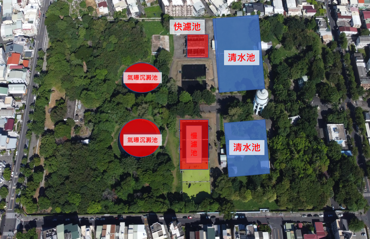 民國時期高屏地區公共給水屏東淨水場淨水設施平面圖