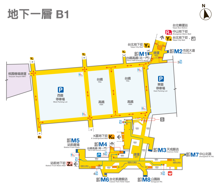 台北捷運淡水線地下段台北車站(R10)地下一層B1平面圖