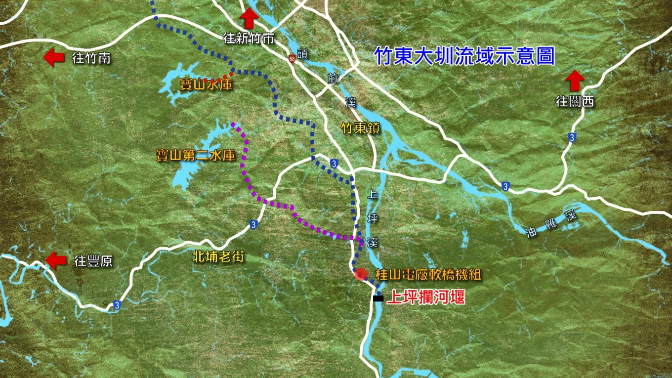 軟橋電廠水源上坪攔河堰分流供應竹東大圳及寶山水庫與寶二水庫示意圖：軟橋發電廠發電用水來自竹東大圳，竹東大圳水源係取自頭前溪上游上坪溪之「上坪攔河堰」。