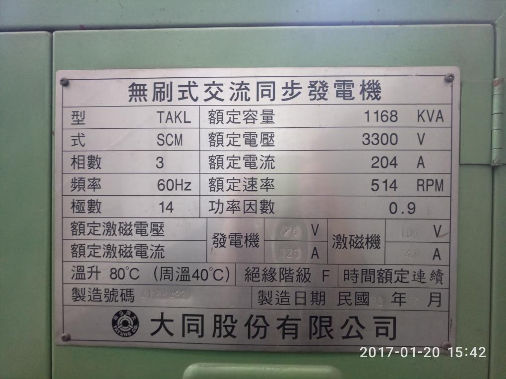 大甲溪流域社寮電廠發電機銘板
