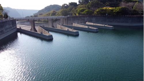 溢洪道型式為鋸齒堰、開渠式溢洪道；設計排洪量每秒2300立方公尺；溢洪道堰頂標高300公尺，鋸齒堰總長度303.65公尺，洩槽流入寛度66公尺，最大溢洪水深3.5公尺。