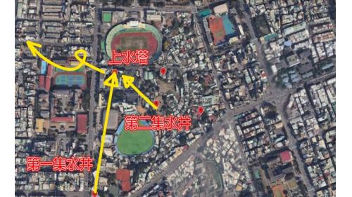 係將第一集水井及第二集水井的原水，以唧筒抽送至「上水塔」貯水，再利用重力順流方式配水，供應台中市區居民使用。
