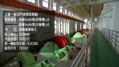 大觀一廠發電機組是1923年德國VOITH公司製造的橫軸佩爾頓式水輪機組，共有五組，每部機組發電量22MW，五組共110MW。