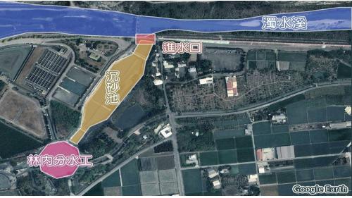林內分水工與濁幹線林內二號進水口間，設置沉砂池乙座，採雙槽式交替利用，於單槽清除淤沙，另一槽通水，沉砂池通水量 54CMS ，每槽寬度 30 公尺，長度 120 公尺，單槽沉砂體積 7200 立方公尺，最大沉砂粒徑 0.2 公厘，淤滿後以機械方式清除。