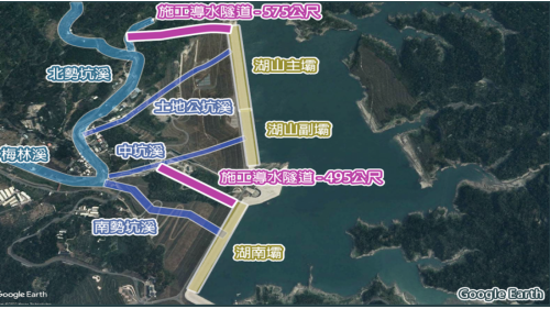 施工導水隧道，係將湖南壩上游之南勢坑溪，及湖山壩上游之中坑溪、土地公坑溪先予以導流，以便進行水庫工程施作。導水隧道共包括長約575公尺之湖山及495公尺之湖南隧道。工程完畢後，迄今已改建為取出水工輸水管路。