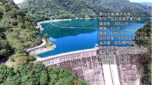 霧社大壩又稱為「萬大水庫」興建於1939年，1957年完工。壩頂標高1005.84公尺，最大壩身高度114公尺，壩頂長度205公尺，壩頂寬度7公尺，計畫有效蓄水量：14600萬立方公尺，2021年10月現存有效容量：3682萬立方公尺。