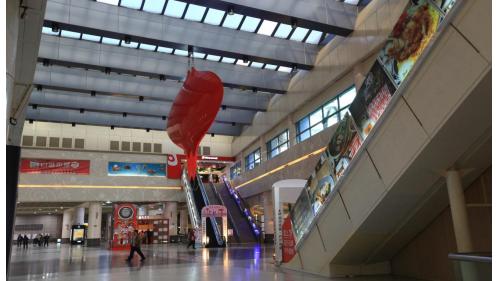 &nbsp;設置於車站一樓中庭挑空處，作品名稱為「慾望在飛行」，創作者為黃銘哲藝術家。以慾望與想像就在火車的離站與進站，浮動人在群的腳步裡，藝術家試圖將人群慾望表現在飛行的立體造型，以簡明純淨的抽象流線及光鮮亮麗的色彩，將高達12公尺的巨型飛行體懸掛在車站的中庭天窗，它就像驚嘆號般。
&nbsp;