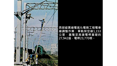 &nbsp;單軌架空線1,153公里，基隆至高雄電桿基礎約27,942座，電桿23,770根。