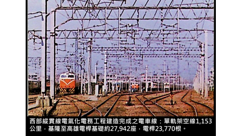 &nbsp; 單軌架空線1,153公里，基隆至高雄電桿基礎約27,942座，電桿23,770根。