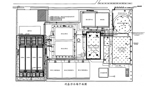 利嘉淨水場內設有混凝池、沉澱池、快濾池、清水池、廢水集中池及曬泥場。
&nbsp;