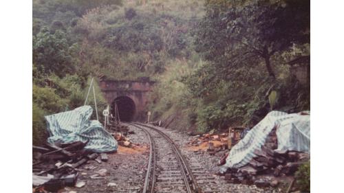 圖為東線窄軌鐵路中掃叭隧道路段，於1914年6月15日開工，貫穿舞鶴台地，是舊東線鐵路中唯一的隧道，使用年久因此漏水嚴重，又因南北兩端之引道皆為長大陡坡，成為東線鐵路的瓶頸之一。因此在東線拓寬時決定廢線往東移兩百公尺新建隧道替代，然而新隧道遭遇施工瓶頸，為了配合東拓通車日期，工程單位利用晚上封鎖路線，把舊掃叭隧道一千餘公尺的路基挖深降低再舖軌，此一反反覆覆的深夜施工，還要保持夜行車、早班車的行駛及枕木、鐵軌的拆拆舖舖，1984年12月28日才實施路線切換。
&nbsp;