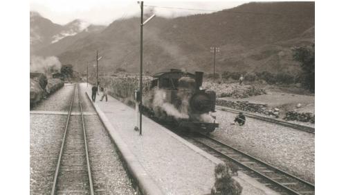 林榮車站位於溪口車站和南平車站之間，東線鐵道在壽豐溪迂迴上遊河道狹窄處過河，在平林聚落旁設立平林停車場。1962年因車站位於林榮里，更名林榮，1982年東線鐵路拓寬，舊站隨路線截彎取直後廢止。照片中的載貨火車正在等載客火車通過林榮車站，載滿甘蔗的蒸汽機車司機員坐在鐵道旁等待。
&nbsp;
