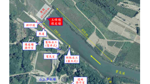 玉峰堰主要設施包括玉峰堰橡皮壩、排砂道、魚道、新舊取水工及操作室、電氣室，下游並設有混凝土塊及蜂巢消波塊構成的固床工。
&nbsp;