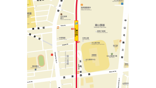 圓山站是一座高架二層車站，位於台北市中山區、大同區交界處，圓山站與民權西路站之間為淡水線高架段至地下段之過渡帶。一個島式月台，有出口１、出口２。
&nbsp;