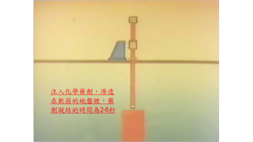 &nbsp;         使用化學藥劑灌漿處理，在已完成鑽孔的灌漿機注入化學藥劑，滲透在軟弱的地盤裡，藥劑凝結的時間為2-6秒鐘。