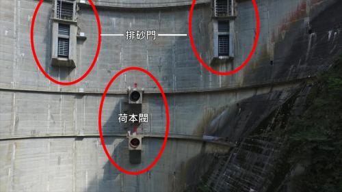 五座固定輪閘門（寬 11 公尺、高 4.5 公尺）控制溢流直落式。 溢洪道兩各側設排砂道一門，標高1300~1310公尺處設上下兩門放水口，有環滑閘門及何本閥。
&nbsp;