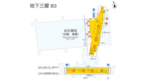 台北車站地下三樓為捷運轉乘穿堂層，設有捷運驗票閘門、詢問處、失物招領處、藝廊洗洗手間(付費區內、外均有)，台北地下街、中山地下街及捷運三月台、四月台。三月台板南線往南港展覽館方向。四月台為板南線往頂埔/亞東醫院方向。