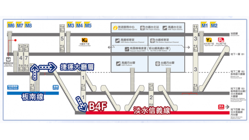 板南線台北車站欲轉乘至淡水信義線之旅客，因板南線及淡水信義線之月台層並未直接相連，故旅客必須先移至地下二樓大廳層，再搭乘手扶梯至地下四樓淡水信義線月台轉乘。
&nbsp;