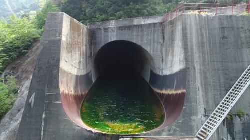 馬蹄型鋼筋混凝土襯砌隧道，直徑 11.6 公尺，長 650 公尺，穿過大壩左岸山腰，最大每秒可洩洪 3,200 立方公尺。大雨時將洪水經隧道排放至青山壩的下游，減輕德基水庫大壩的負擔。
&nbsp;