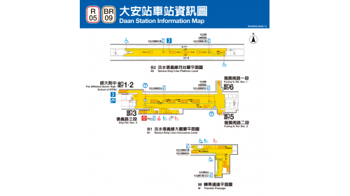 &nbsp;         大安站為淡水信義線之轉乘站，位於復興南路與信義路口。大安站與信義安和站之間有袋狀軌調度，在松山線通車後，於離峰時段利用袋狀軌加開大安站至北投站的淡水信義線區間列車，成為第三座常態端點站。大安站信義線站體一樓及地下一樓間設有M轉乘通道層，地下一樓為淡水信義線之大廳層，地下二樓為淡水信義線之月台層。文湖線設有側式月台二座，淡水信義線設有一座島式月台，其車站南側牆面設有「飛天傳奇」裝置藝術創作品。