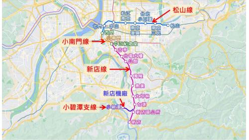 松山新店線路線代號為G，代表色為綠色，於1998年12月中正紀念堂站至古亭站路段正式通車啟用，2014年全線完工啟用，起於新店站，訖於松山車站，全線採用傳統鋼輪鋼軌高運量捷運系統，軌距為1,435公釐，建設長度為21.3公里，營運長度為21.3公里。松山新店線以西門站與中正紀念堂站作為分界，分為新店線、小南門線及松山線，另於七張站設有一小碧潭支線。
&nbsp;
