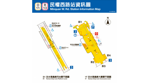 &nbsp;民權西路站為地下三層車站，設有10處出入口，地上一樓為淡水信義線大廳層，地下一樓為淡水信義線月台層，地下二樓為中和新蘆線大廳層，地下三樓為中和新蘆線月台層，中和新蘆線設有一座島式月台及全高式月台門，淡水信義線設有一座島式月台及半高式月台門。