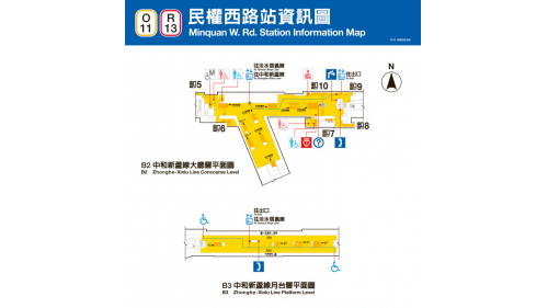 &nbsp;民權西路站為地下三層車站，設有10處出入口，地上一樓為淡水信義線大廳層，地下一樓為淡水信義線月台層，地下二樓為中和新蘆線大廳層，地下三樓為中和新蘆線月台層，中和新蘆線設有一座島式月台及全高式月台門，淡水信義線設有一座島式月台及半高式月台門。
