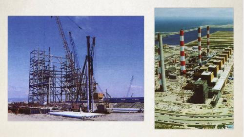 台中港>施工中的台電台中火力電廠：這項工程自1985年三月正式開工，由榮工處自一片沙灘出發，向大海爭地， 1986年六月完成造地，交由業方進行電廠廠房結構施工，到1995年底全部完工，由榮工處完全承建。