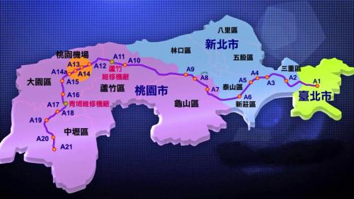 桃園機場捷運路線代號為A，代表色為紫色，路線沿途行經台北市、新北市、桃園市等3個行政區，營運中車站共有22站，包含7座地下車站與15座高架車站，並設有蘆竹機廠及青埔機廠。