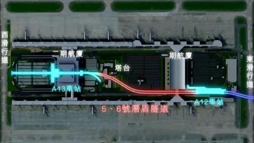 機場捷運線為確保機場的營運及結構安全，以潛盾工法通過桃園國際機場，採用最高規格的監測及保護措施，施工時以加強背填灌漿及二次灌漿之方式加強保護外，並於潛盾機盾殼內全程施作機上灌漿，以有效再降低施工中之即時沉陷量，在塔台區及潛盾隧道通過位置間，打設微型遮幕樁，以避免掘進時對塔台可能造成之影響。【圖/以潛盾隧道穿越桃園國際機場】