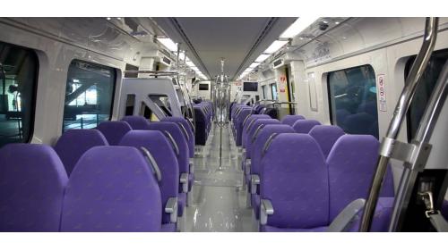 將列車分為直達車及普通車，直達車為紫色車身，為服務大部分航空旅客而設計，共五節車廂，第五節為行李車廂，為搭載在台北車站預辦登機乘客的行李，便利搭機旅客提前完成登機準備，由自動輸送系統，將行李送上直達車行李車廂，送至第二航廈，該車廂共可容納13個行李櫃，【圖/電聯車廂內配備絨布座椅】