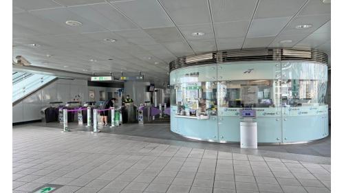 新莊副都心站為地上五層車站，設有2處出入口，四樓為大廳層，五樓為月台層，設有兩座側式月台及半高式月台門，並設有公共藝術《幸福之旅》，本站僅停靠普通車。