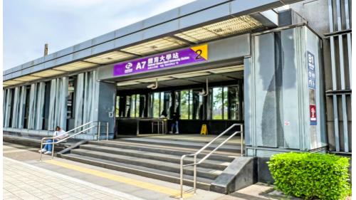 體育大學站編號為A7，副站名為龜山樂善，站體位於文化路一段上，於2017年3月啟用，為地下二層車站，設有2處出入口，地下一樓為大廳層，地下二樓為月台層，設有兩座側式月台並設有半高式月台門，本站僅停靠普通車。【圖/出口2，文化一路與青山路交叉口北面