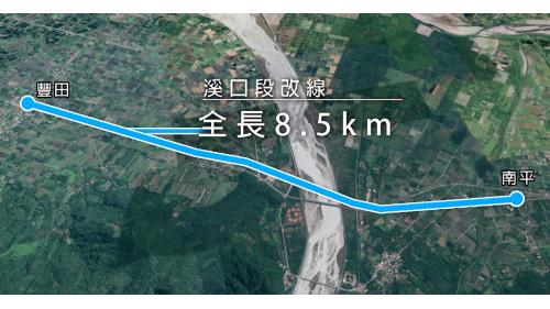 東線鐵路拓寬工程是1978年7月1日開工，榮工處承辦四段主要改線工程，溪口段改線長8.5公里，含甚難施工之長達1,652公尺之溪口河底隧道在內，於1982年3月底完工。【圖/溪口段改線全貌】