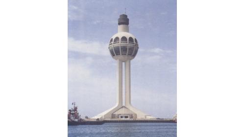 吉達2期碼頭工程內容除浚渫外，並興建一座148公尺高的沙烏地阿拉伯吉達港控制塔，頂上約50公尺的球形結構物模板係國內製造，並將榮工處的logo懸掛其上。此項工程於1982年開工，1985年完工。【圖/吉達港控制塔工程】