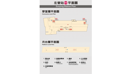 &nbsp;左營/高鐵站為地下二層車站，設有2處出入口，由於預留轉乘高鐵之通道尚未施作，欲轉乘高鐵之旅客須至地面層進行站外轉乘，地下一樓為大廳層，欲搭乘台鐵之旅客可於此站內轉乘，地下二樓為月台層，設有一座島式月台及全高式月台門。