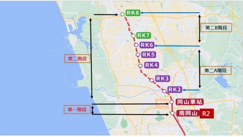 &nbsp;岡山路竹延伸線共設置8座車站，為紅線R24南岡山站延伸段，全長13.22公里，採高運量系統，分兩大階段興建。第一階段為R24南岡山站到台鐵岡山車站，全長約 1.46 公里，設置 1 座高架車站。於2019年開工，預計於2024年6月底通車試營運。第二階段分A、B 兩階段進行，第二A階段建置5座高架車站，全長約 7.75 公里，預計於 2027 年完工。第二B階段目前為基本設計階段，設置2座車站，長約3.87公里，預計於2029年完工通車。【圖/岡山路竹延伸線】