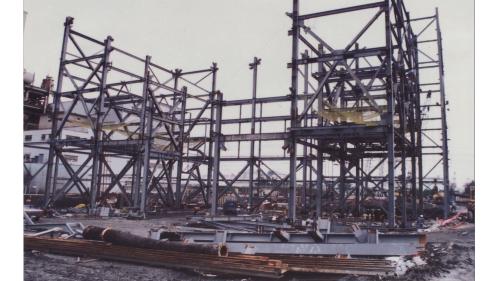 大林電廠六號機組鍋爐鋼構施工：1991年大六機(即第六號汽輪發電機組)的鍋爐本體鋼構開始興建。