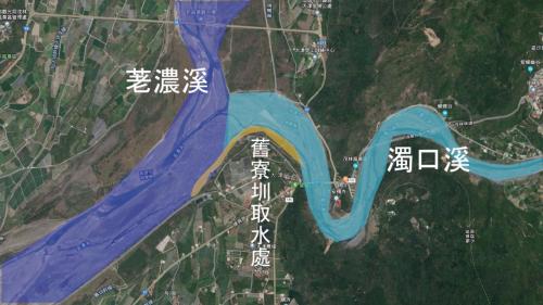 舊寮舊、新圳取水源示意圖
舊寮圳舊圳之水取自荖濃溪；新圳之水取自濁口溪
