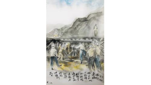 中部橫貫公路興建油畫-鋼桁橋施作