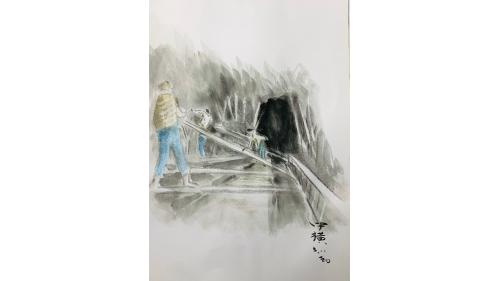 中部橫貫公路興建油畫-隧道裡面的襯砌施作