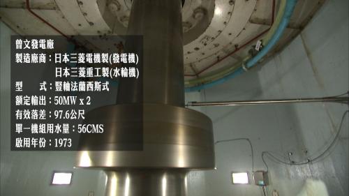 23公噸的渦輪推動著直徑69公分實心實地的水車大軸，每小時約可發五萬度電。