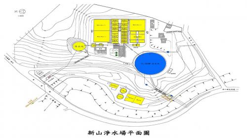 新山淨水廠設計出水能力每日200,000噸，原水來自八堵抽水站抽取基隆河河水、中幅抽水站抽取瑪鋉溪水、以及東勢坑抽水站抽取東勢坑溪水，至新山淨水廠原水池，除供應淨水廠外，剩餘原水蓄存於新山水庫，枯水期引用新山水庫原水。