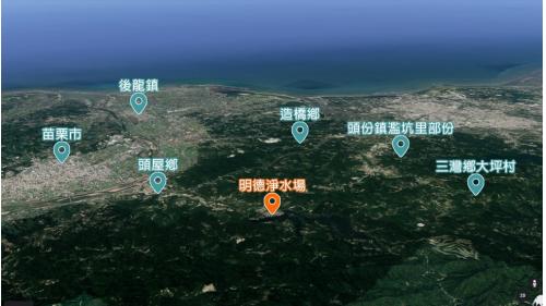包括苗栗市、頭屋鄉、後龍鎮、造橋鄉、頭份鎮濫坑里部份、三灣鄉大坪村等六個行政區用水，供水人口約 14 萬人，普及率達 70%。